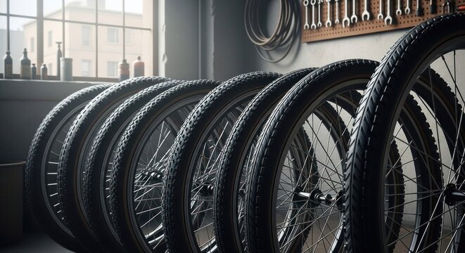 Rows of bicycle tires and wheels in a vintage workshop. Sunlight streams through a window