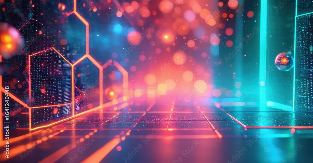 Poster futuristic corridor glows with vibrant neon lights. geometric shapes create depth, particles float w