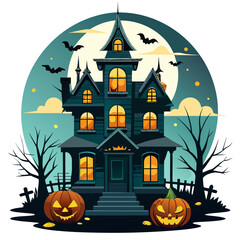 Fototapeta premium Scary Halloween Vector Set – Pumpkins, Ghosts, Bats, Full Moon, Cobwebs, Spiders, cats