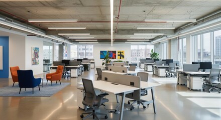 Modern open-plan office with contemporary furniture and urban views