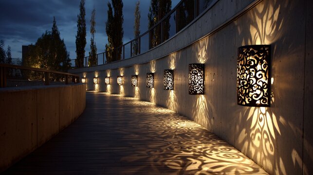 Pathway with ornate sconces casting light patterns on the wooden floor