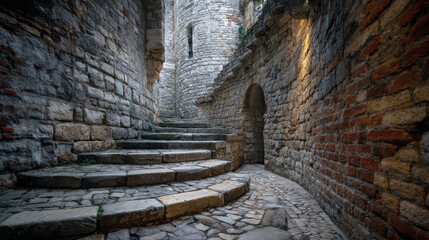Obraz premium Ancient stone alleyway with curved steps