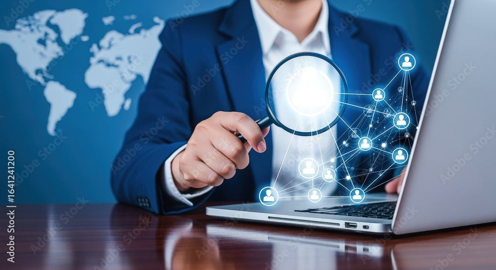 Poster man holding magnifying glass over laptop screen displaying network connection and world map