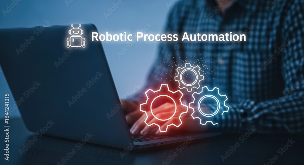 Poster robotic process automation concept: business person using laptop for modern workflow optimization te