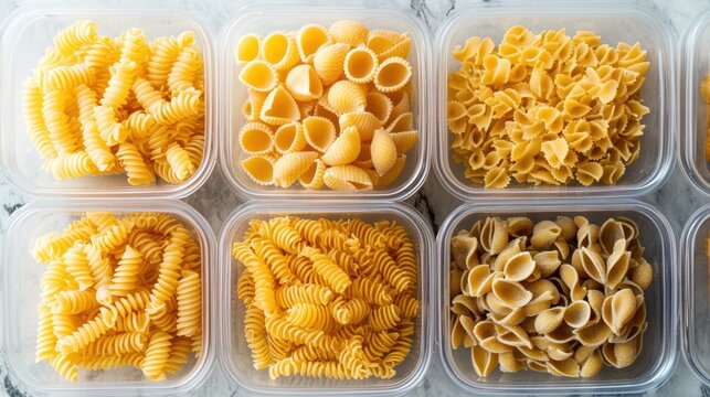 A vibrant assortment of various pasta shapes neatly organized in plastic containers, showcasing their unique textures and colors.