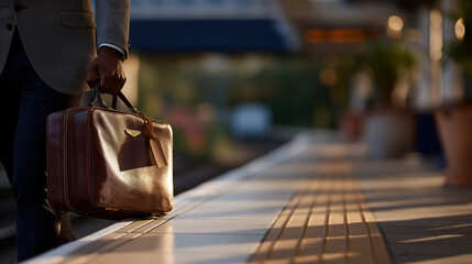 A colleague rushing to catch a train with suitcase at platform