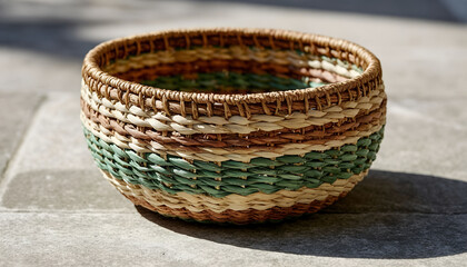 Intricately Woven Natural Fiber Basket on Weathered Stone Surface
