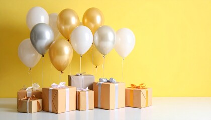 Pastel Gift Boxes and Balloons on Yellow Background
