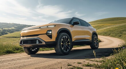 Obraz premium Yellow suv on rural dirt road with rolling hills under clear sky