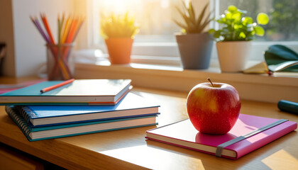 Red Apple on Notebooks and School Supplies on Wooden Desk