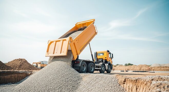 Yellow dump truck unloading gravel at construction site under clear sky
