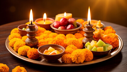 Festive Diwali Decoration with Marigold Flowers and Lit Diyas