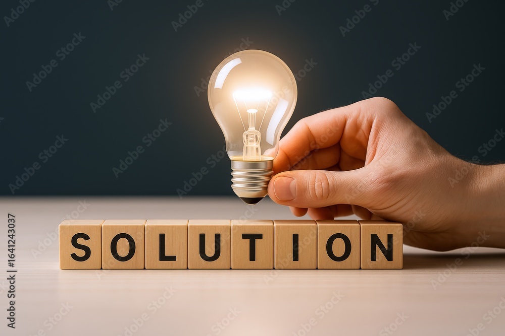 Poster illuminating solutions: a creative concept with lightbulb and wooden blocks depicting problem solvin