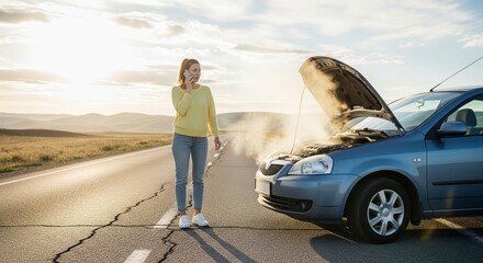 Caucasian female adult calling for help with overheated car engine on rural road