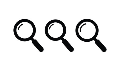 Vector illustration of three black magnifying glass icons, symbolizing search and discovery, isolated on a white background