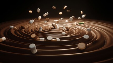 Swirling vortex of coffee and capsules, illustrating chemical imbalance and tension.