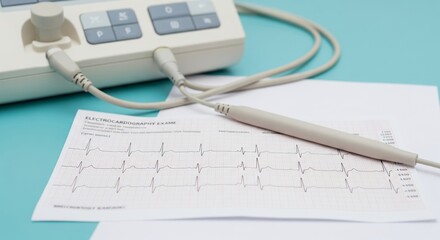 Ecg printout and equipment on blue background