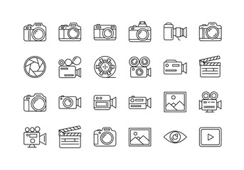 Fototapeta premium Vector illustration of a collection of outline icons representing cameras, video equipment, and photography symbols isolated on a white background