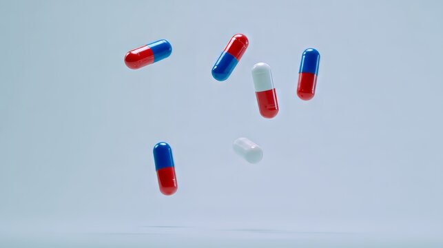 Floating blue, red, and white capsule pills &ndash; great for medical and pharmaceutical branding, prenatal care promo, cancer treatment