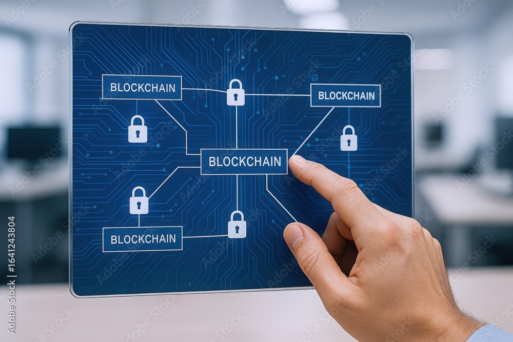Poster blockchain technology concept on screen with hand pointing to decentralized network security and cry