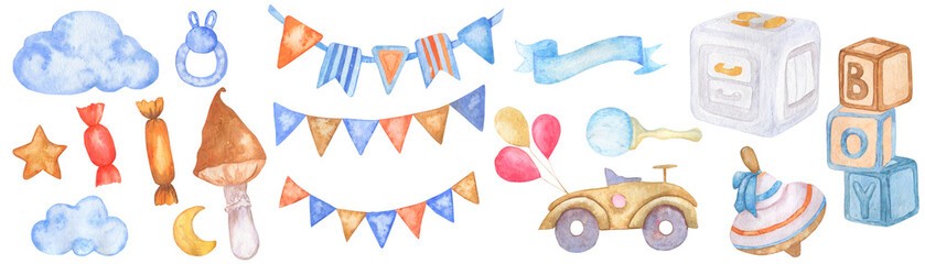Collection of children's watercolor toys for toddlers. 