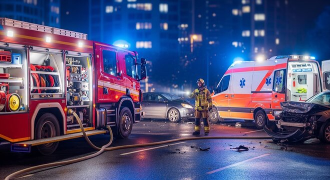 Emergency response night scene with firefighters at urban car accident - Powered by Adobe