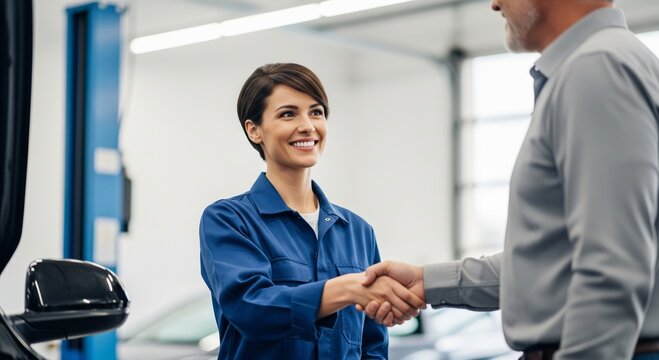 Female mechanic shaking hands with mature male customer in auto repair shop