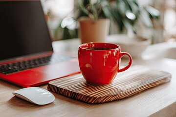 Red mug of coffee on a wooden coaster with a laptop and mouse.