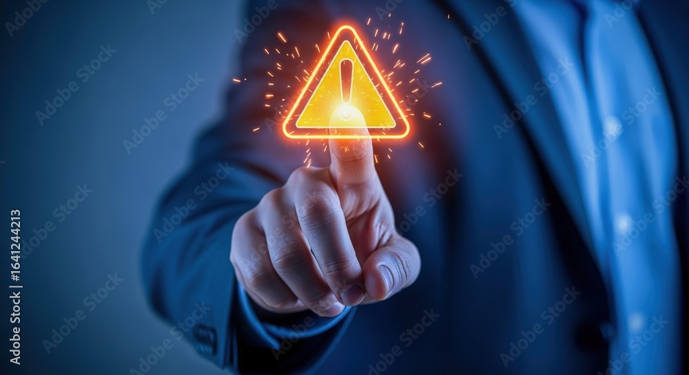 Poster digital warning sign: business professional taps glowing exclamation point alert symbol on virtual i