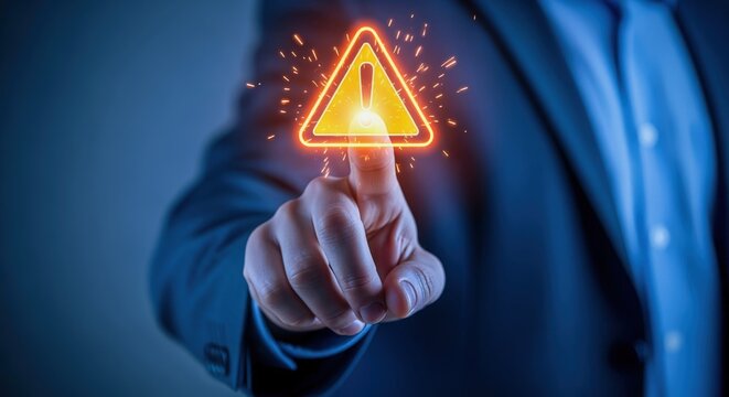 Digital Warning Sign: Business Professional Taps Glowing Exclamation Point Alert Symbol on Virtual Interface - Powered by Adobe