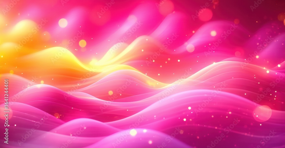 Poster bright waves flow, blending pink, yellow hues. sparkles add dynamic texture, creating vibrant abstra