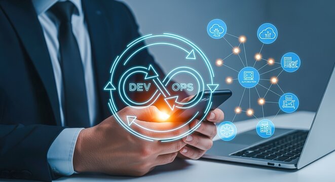 DevOps Engineer Using Smartphone with Automation Software Icons, Modern Technology and Development Concept