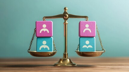 Gold scale with human figures on a background of blue, useful for articles about equality and social justice.