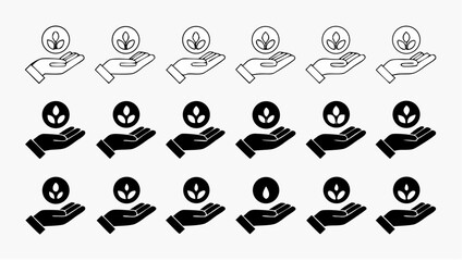 Illustrative pattern of hands holding seeds in a repetitive design with varying fill styles and details |  editable eps vectors silhouette