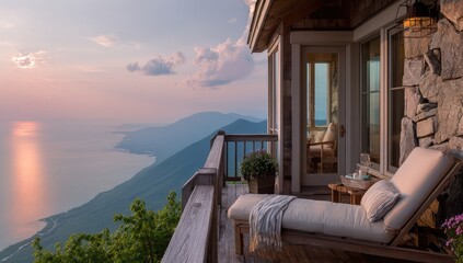 Panoramic mountaintop deck at sunset over a lake