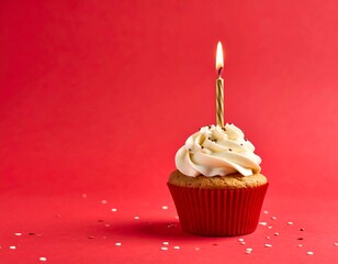 Birthday cupcake on red background