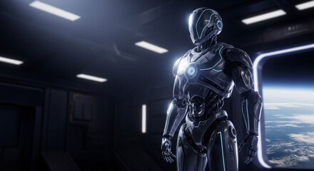 Sophisticated humanoid robot standing on a futuristic spaceship with a view of Earth, a highly detailed and realistic 3D render