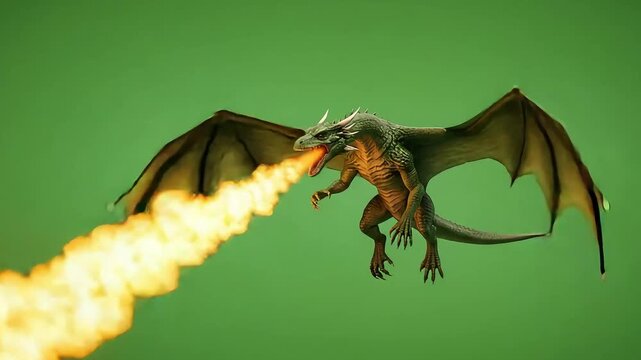 a dragon spitting fire, Dragon fire fantasy scene, Fire breathing dragon, scary, angry, green screen, green background, footage, 4k footage, videos, video clip, slow motion, video wallpaper, animation