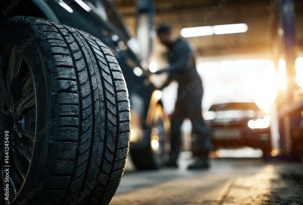 Poster a close-up view of a tire in a garage setting, with a mechanic working on a vehicle in the backgroun