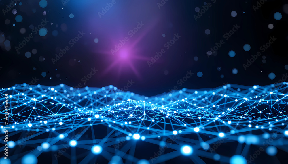 Poster a glowing blue network with interconnected nodes against a dark purple background with bokeh lights