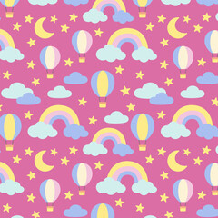 Obraz premium Soft pastel whimsical pattern with rainbows, stars, moons, clouds, and balloons on pink background – serene and playful theme for children’s projects and nursery design.