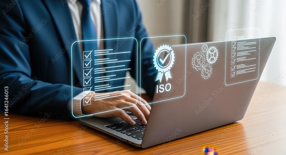 Poster quality assurance concept: man using laptop with virtual iso certification interface, demonstrating 