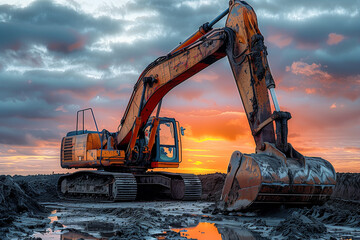 Large yellow excavator at construction site during dramatic sunset sky