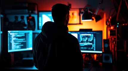 Obraz premium Focused coder at night in a tech room with multiple monitors