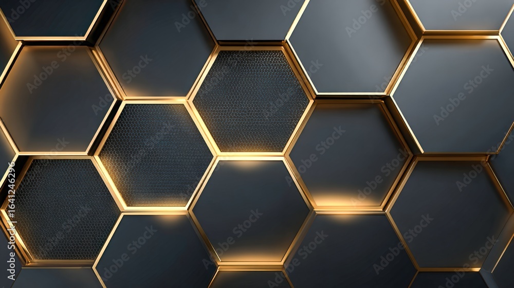 Poster abstract black and gold hexagonal pattern: modern tech background with metallic accents and geometri