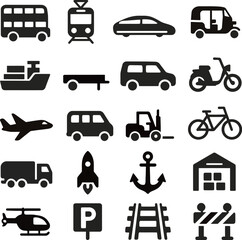 Transportation icons including bus, train, car, bicycle, and airplane represent various modes