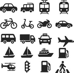 Transportation icons including cars, bicycles, and airplanes create diverse travel theme