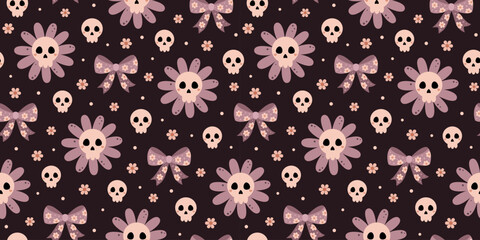 Coquette Halloween floral seamless pattern with skulls, bows and flowers. Cute Spooky Halloween repeat background
