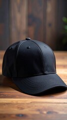 Black baseball cap on wooden surface