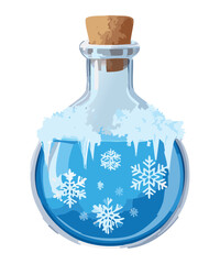 Illustration of a magical potion bottle with snow and snowflakes